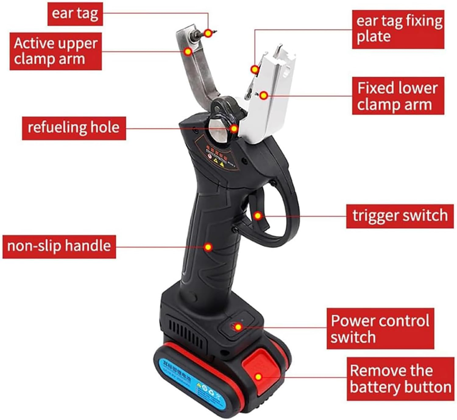 Electric Cordless Ear Tag Pliers Set, Battery Operated, with Case + 2000Mah Battery, Fast and Accurate Marking + Automatic Rebound, for Cattle, Pigs, Sheep, Cows,Red image number 3