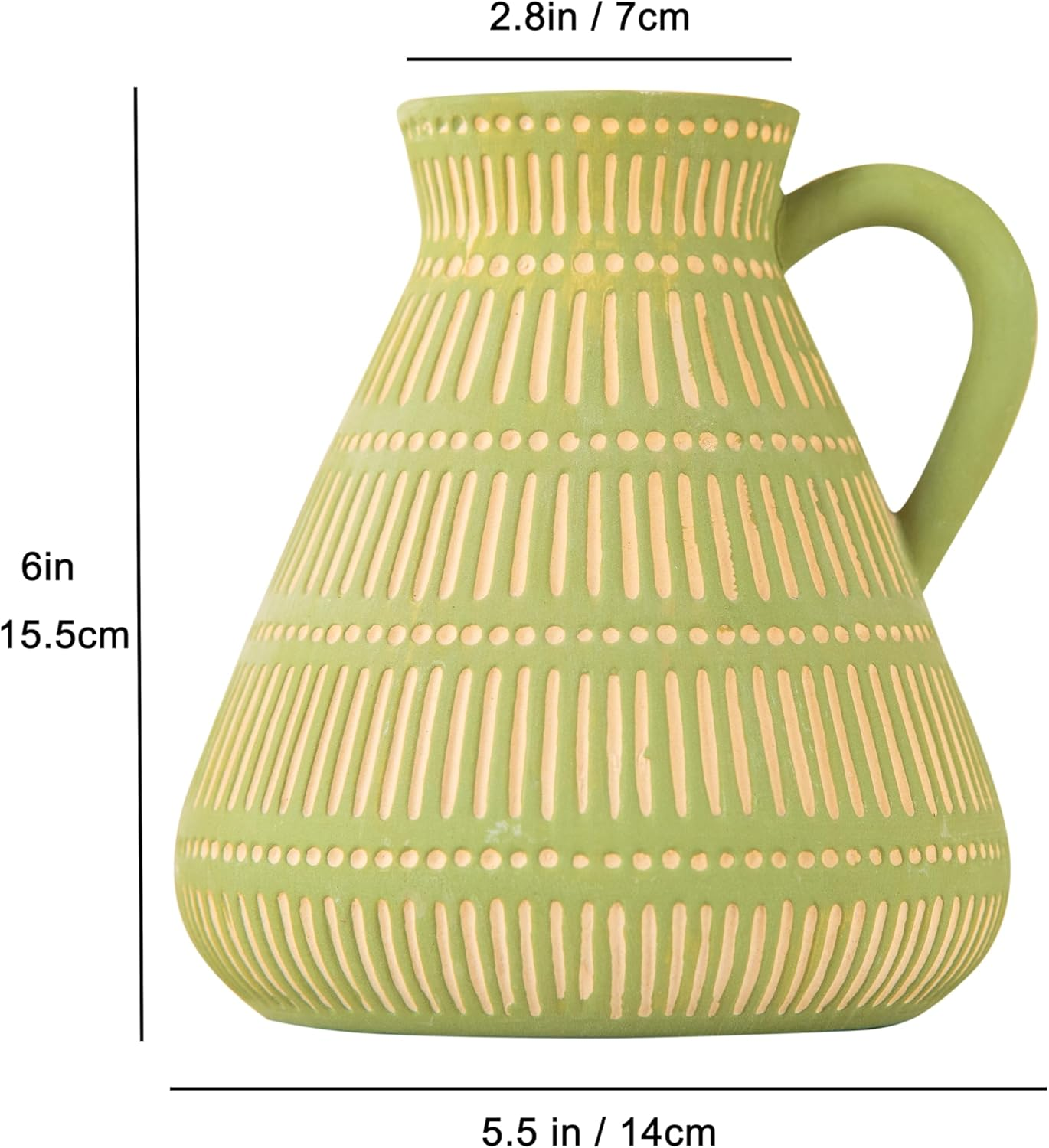 Green Ceramic Boho Vase, Distressed Farmhouse D&eacute;cor, Pottery Decorative Flower Vase for Home Decor, Table, Living Room Decor, Shelf Decor 6 Inches image number 2