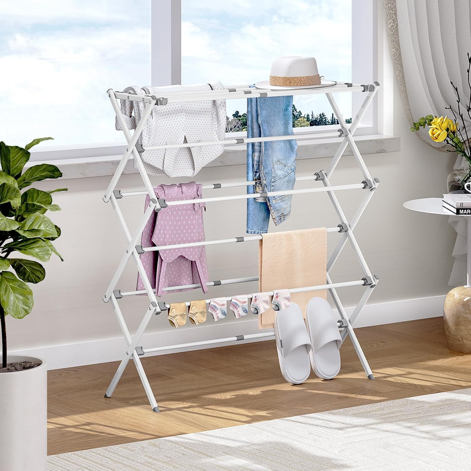 Jiaozoum Clothes Drying Rack, 3-Tier Laundry Drying Rack for Clothes, Expandable Metal Clothing Dryer, Scalable Folding Towel Rack, White image number 1