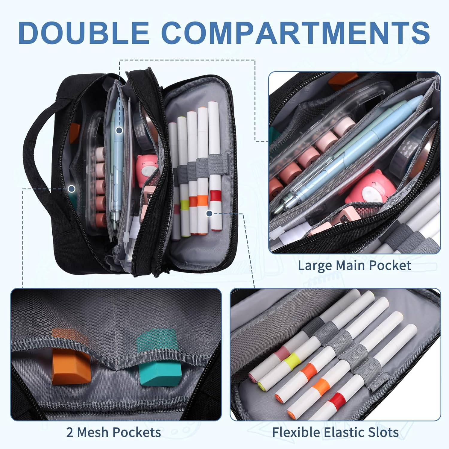 Pencil Case for School, Vaschy Large Cute Pencil Case Kids Pen Bag W Zippers Top Handle for Teens,Students,Adults School Supplies Organizer Black - Blue image number 4