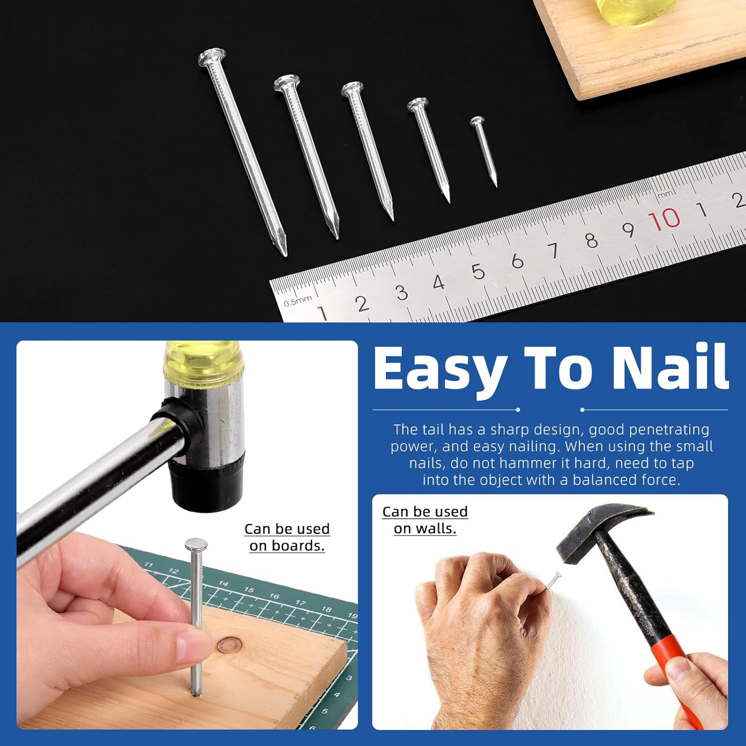 Glarks 300Pcs 20/30/40/50/60Mm Brick Steel Nails Kit, White Zinc Carbon Steel Hardware Nails, Finishing Nails, Brad and Picture Hanging Nails, Wood Nails, Cement Nails for Drywall and Pine - Black image number 4