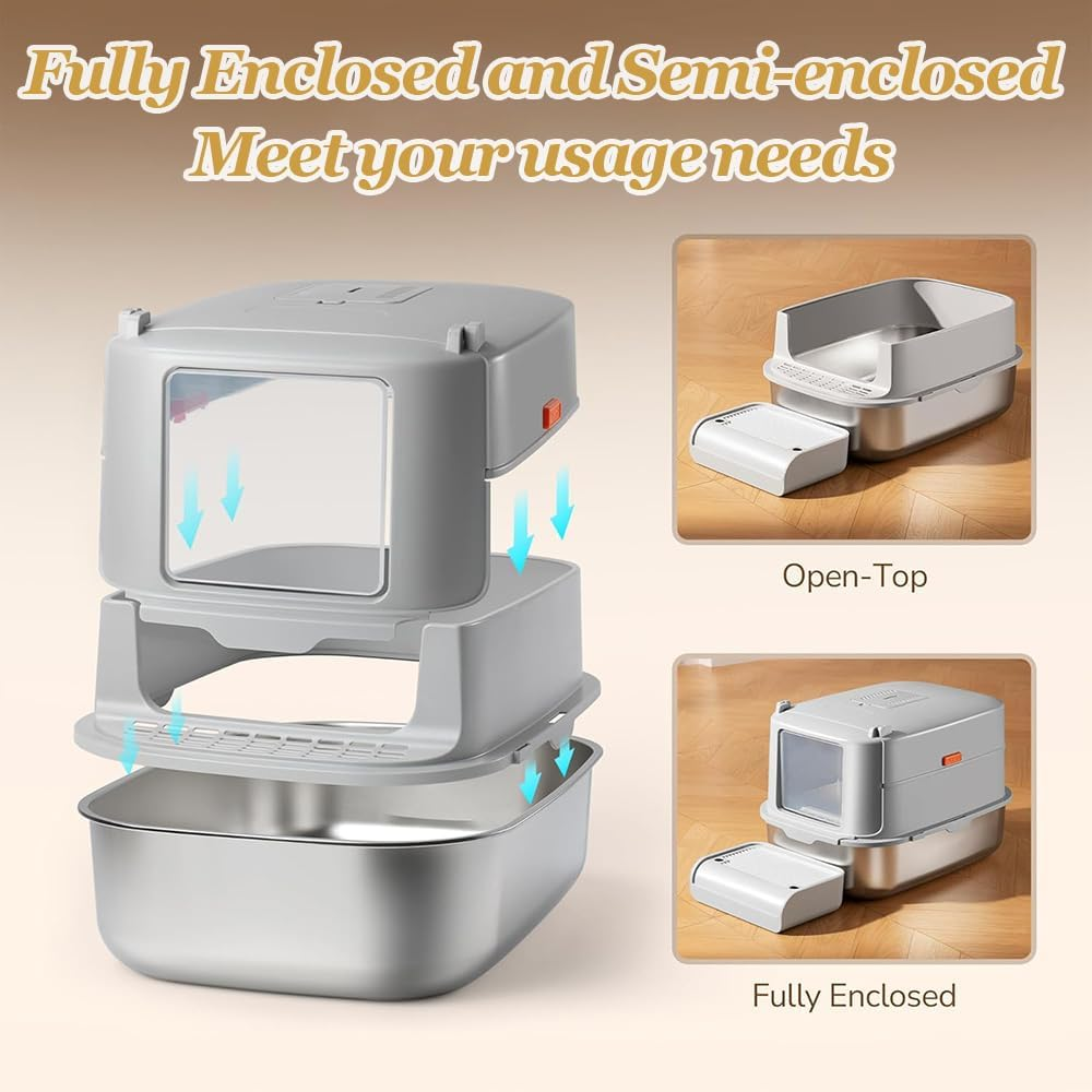 Stainless Steel Removable Cat Litter Box with Lid, Closed Metal Cat Litter Box with High-Sided Shell and Cat Litter Scoop, Leak-Proof, Suitable for Large Cats (Gray) image number 4
