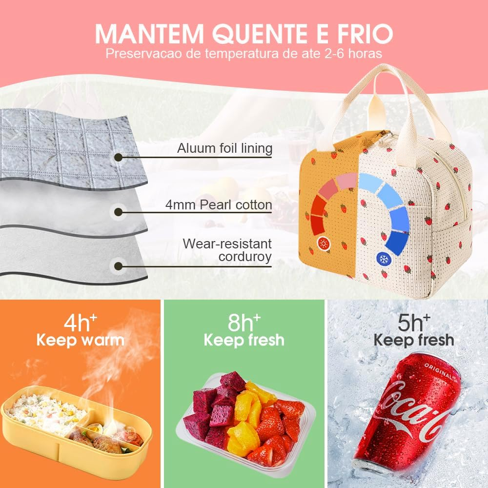 Insulated Lunch Bag for Kids & Adults, Reusable Corduroy Lunch Box Tote Bags, Leakproof Cooler Bag for Work Office Picnic School Travel BBQ, Large Capacity & Cute Design (Beige Strawberry) - Beige Strawberry image number 2