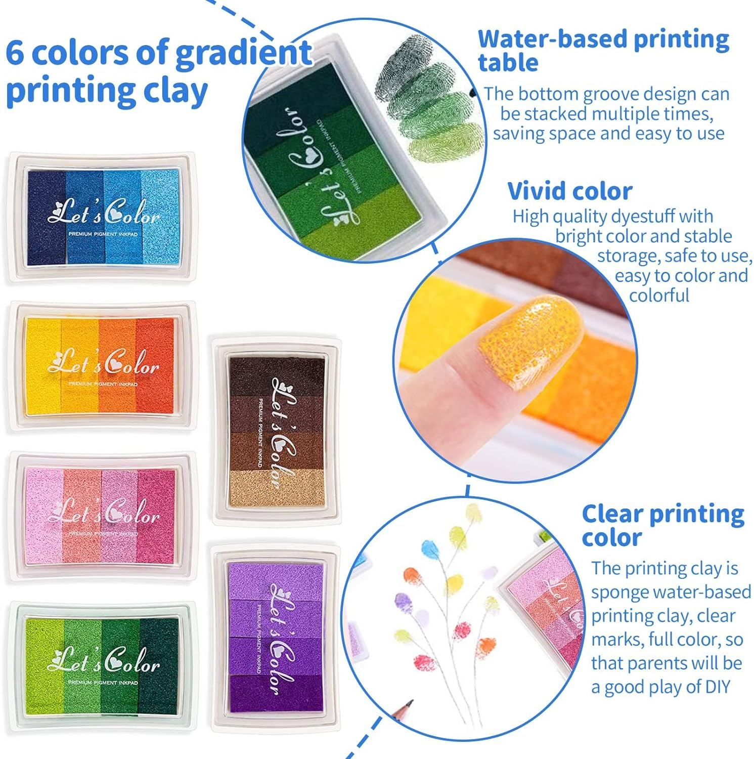 Craft Ink Pad, 6 Gradient Colors Washable Ink Pads, Stamp Ink Pad for Paper, Craft, Wood Fabric, Card Making, Scrapbooking,Kids (6 Pcs)