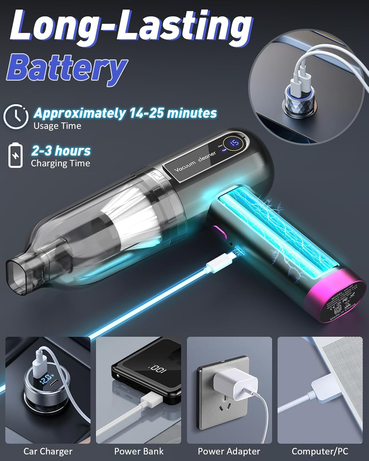 Car Vacuum Cleaner, 15000PA Mini Portable Handheld Car Vacuum Rechargeable Dust Buster, Wireless Air Blower, LED Display Powerful Cordless Vacuum Cleaner for Home Pet Hair Office (Red) - Red image number 4