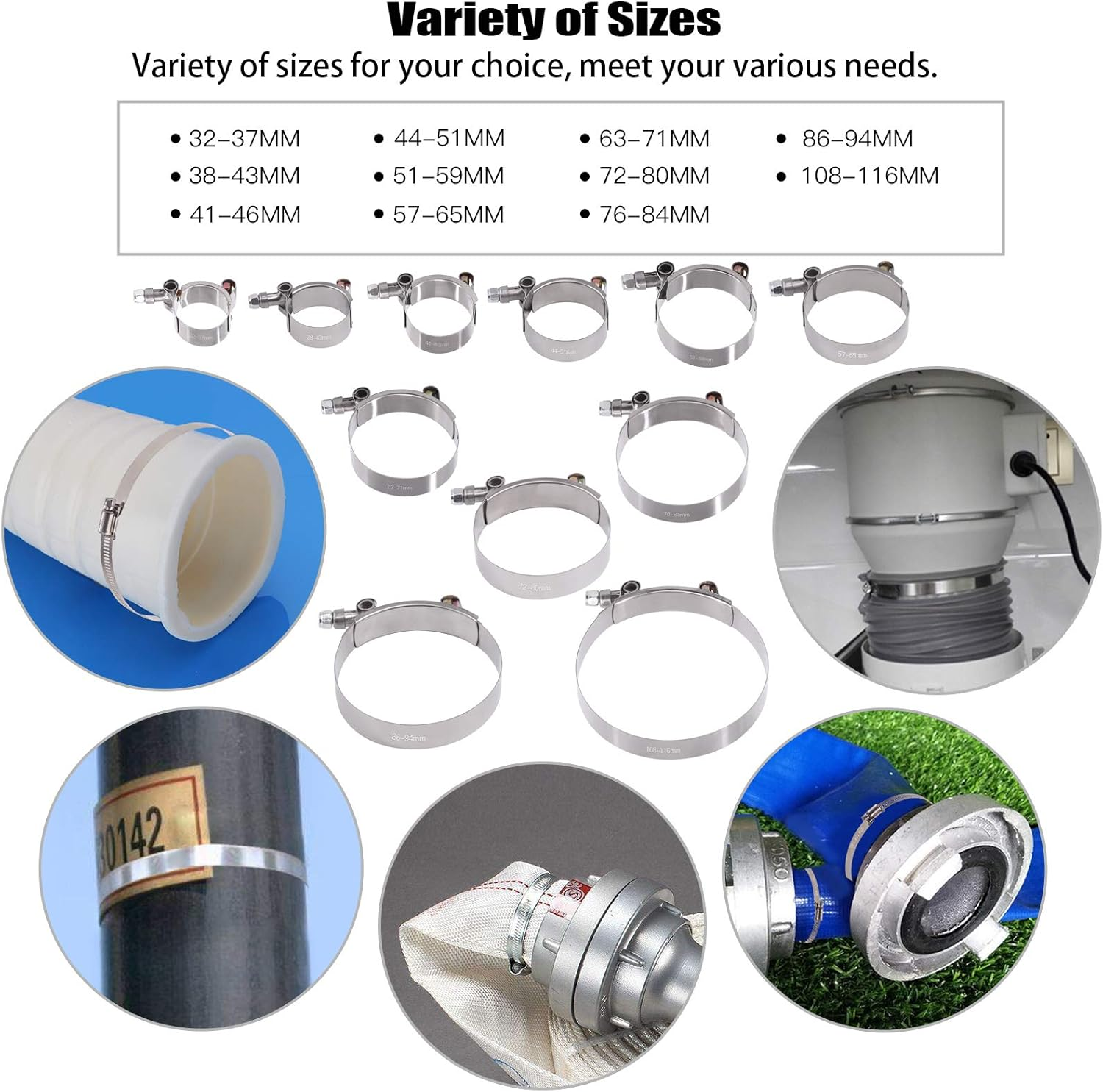 Glarks 12Pcs 76-84Mm Stainless Steel T-Bolt Hose Clamps Turbo Intake Soft Hose Intercooler Clamps image number 4