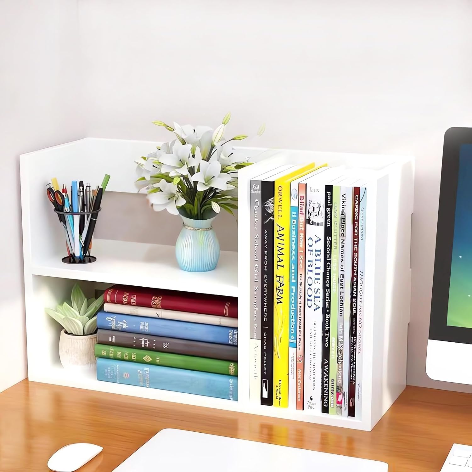 Desktop Organizer Rack, Office Desk Storage Shelf, Desktop Bookcase Wood Bookshelf, Wooden Bookshelve A70 (D White) image number 2