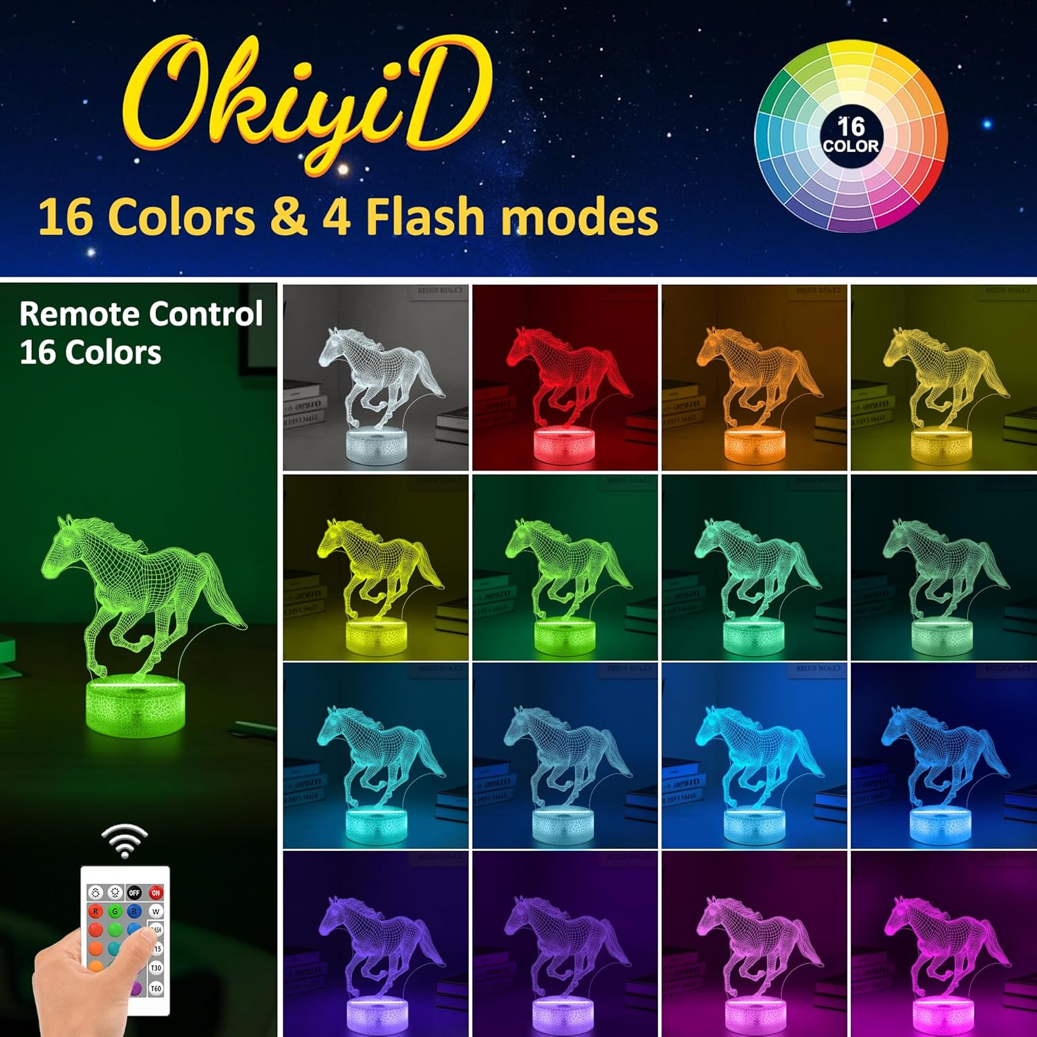 Horse Gifts for Girls, 3D Illusion Lamp, 3D Horse Night Light with 16 Colors Remote and Touch Control, Horses Decor for Kids Room, Girls Birthday Gifts image number 5