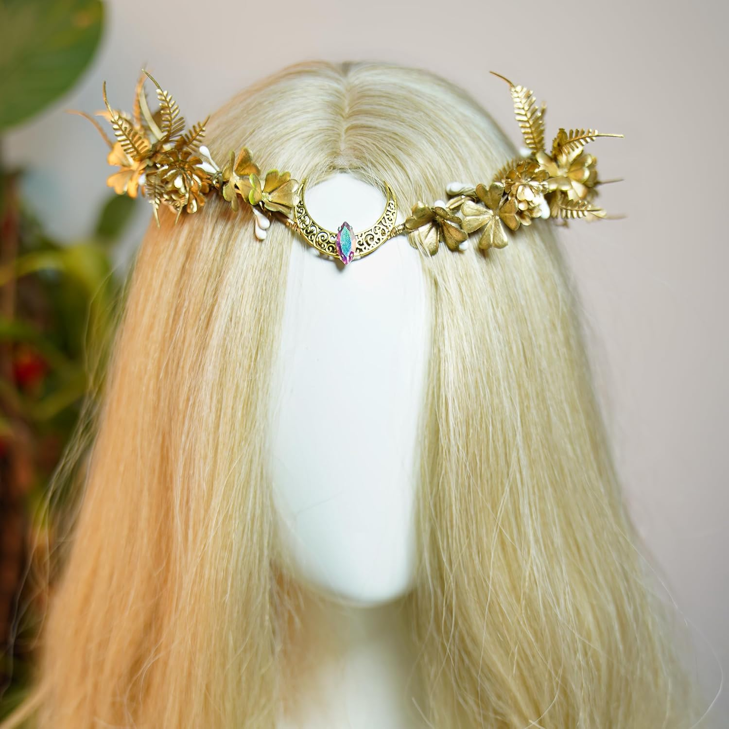 MOSTORY Golden Elf Crown for Women Forest Flower Headband for Renaissance Cosplay Moon Fairy Elf Headpiece for Party Photo Shoots image number 1