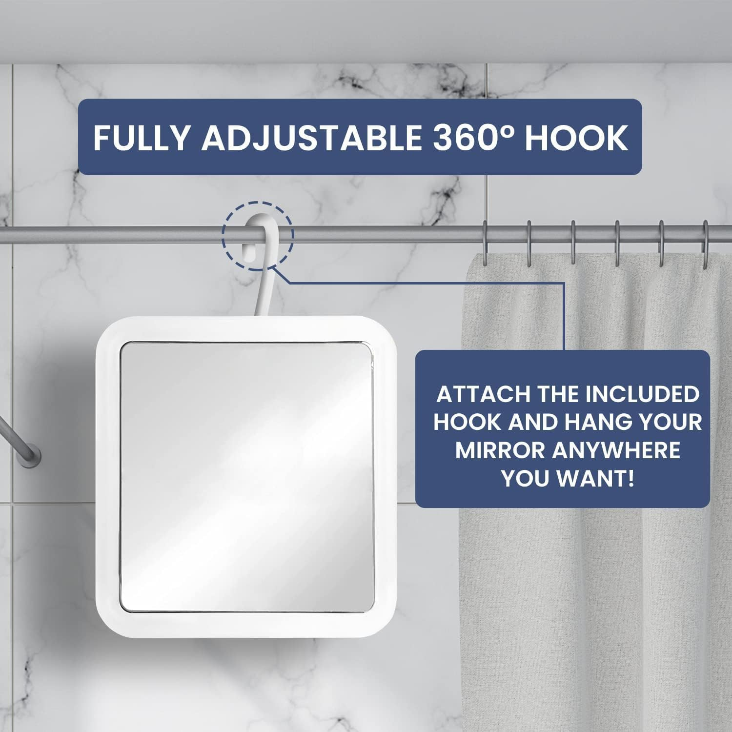 MIRRORVANA Hangable Fogless Shower Mirror for Shaving with 360&deg; Swivel Hook for Hanging - anti Fog Shatterproof 6.3" X 6.3" Surface image number 4