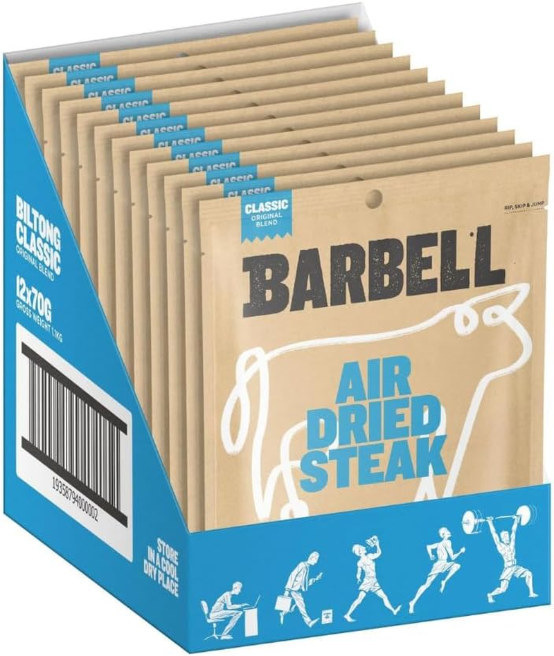 Barbell Biltong Air Dried Steak, Classic, 12X70G Bags, Grass-Fed Beef, High Protein Meat Snack image number 2