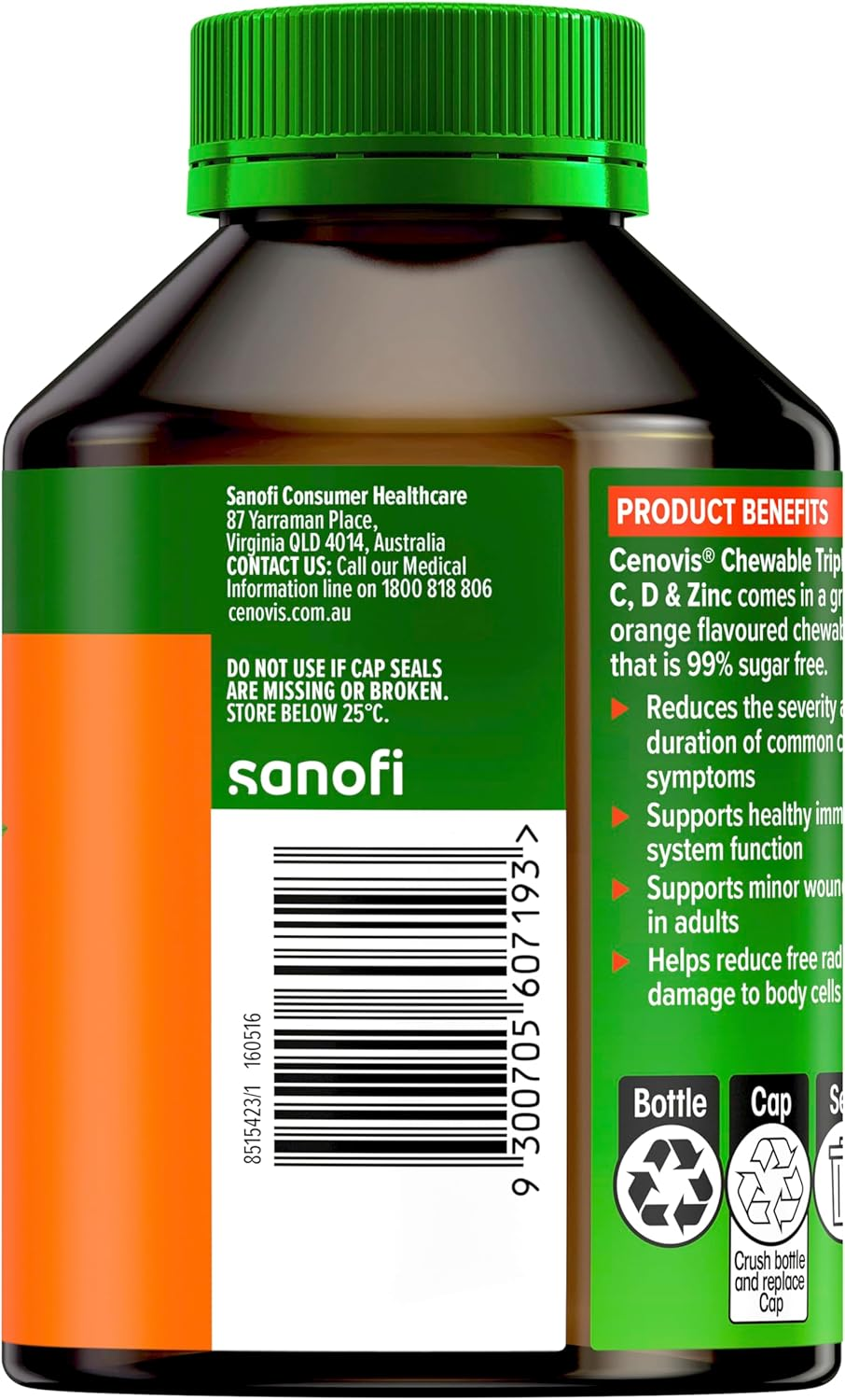 Cenovis Chewable Triple Action Vit C, D & Zinc 120 Chewable Tablets Orange Flavour - Supports Healthy Immune System Function to Help Fight Illness All Year Round image number 1