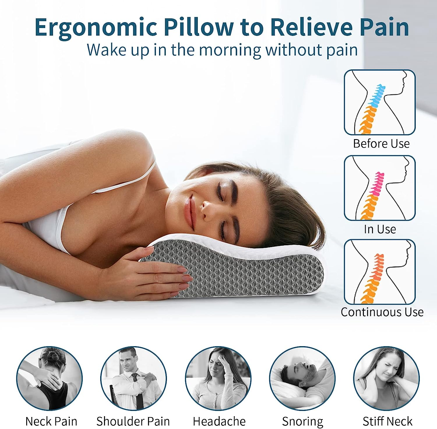 Polovo Neck Contour Memory Foam Pillows for Pain Relief Bed Pillow Sleeping, Ergonomic and Shoulder Pain, Orthopedic Cervical Side Back Stomach Sleeper, White&Grey, (KD220)