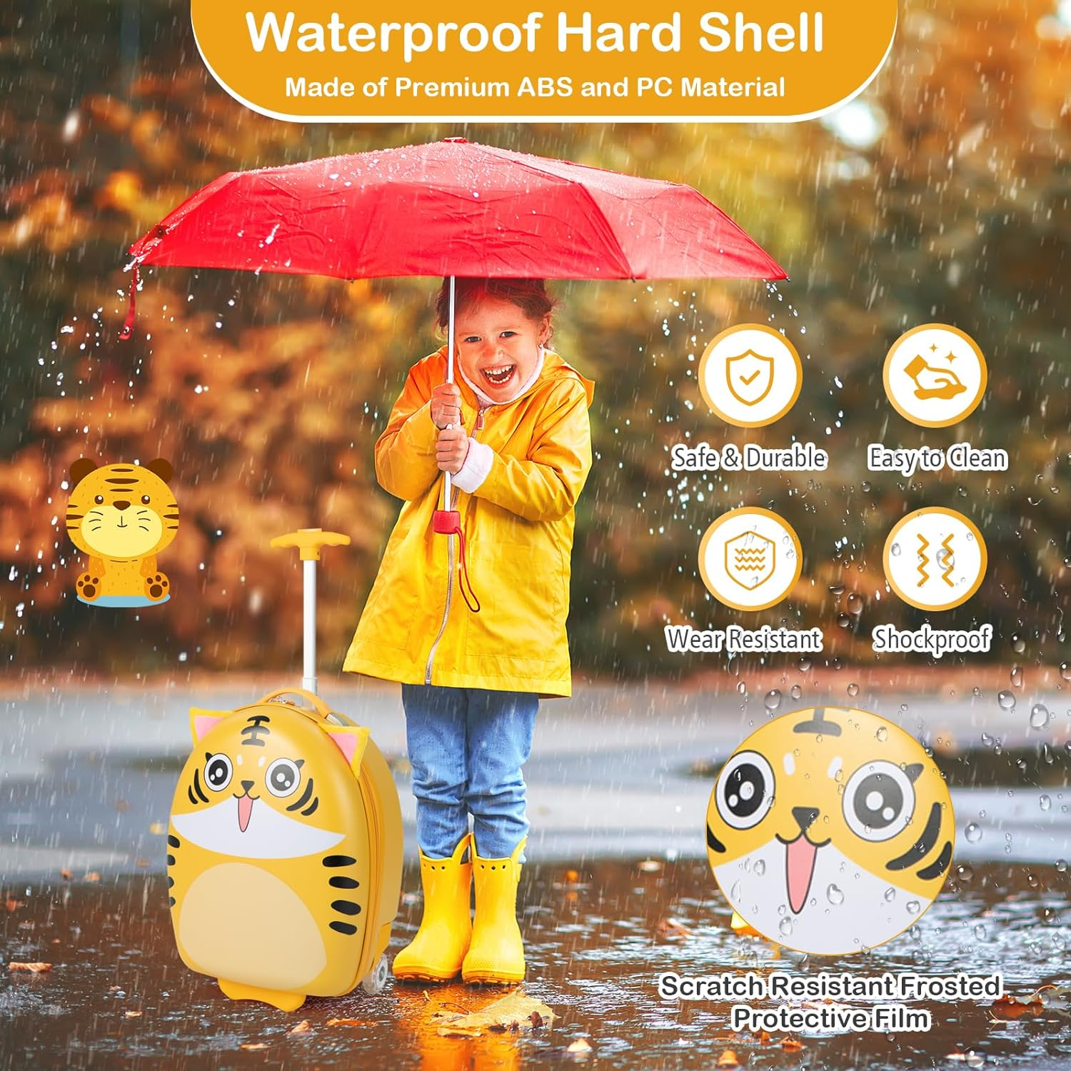 Costway 16" Kids Carry on Luggage, Children'S Rolling Suitcase with Light-Up Wheels, Waterproof Hard Shell Travel Luggage, Lightweight Luggage Trolley for Boys & Girls 3-6 Years image number 3