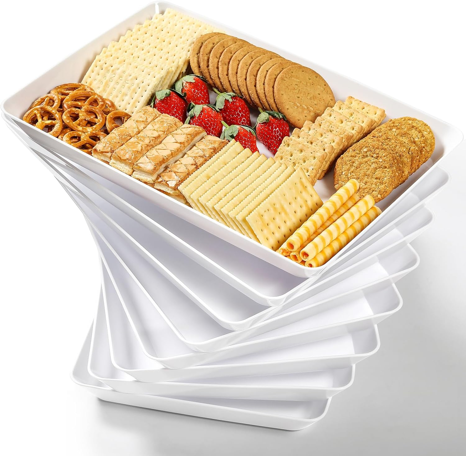 8 Pack, 16" X 11" Large White Serving Trays Set - Reusable Plastic Serving Platters for Cookie, Appetizer, Charcuterie, Snack, Dessert, Party Food Display - Stackable Kitchen Countertop Tray, BPA Free image number 3