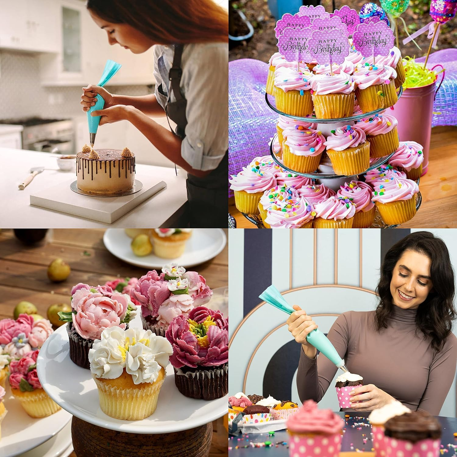 Silicone Piping Bags, 6 Pcs Stainless Steel Nozzles Set with Coupler, 30Cmx17Cm-1 Reusable Icing Piping Bag with Cleaning Brush for Decorating Cakes, Pastries & Cupcakes (Pack of 10) image number 4