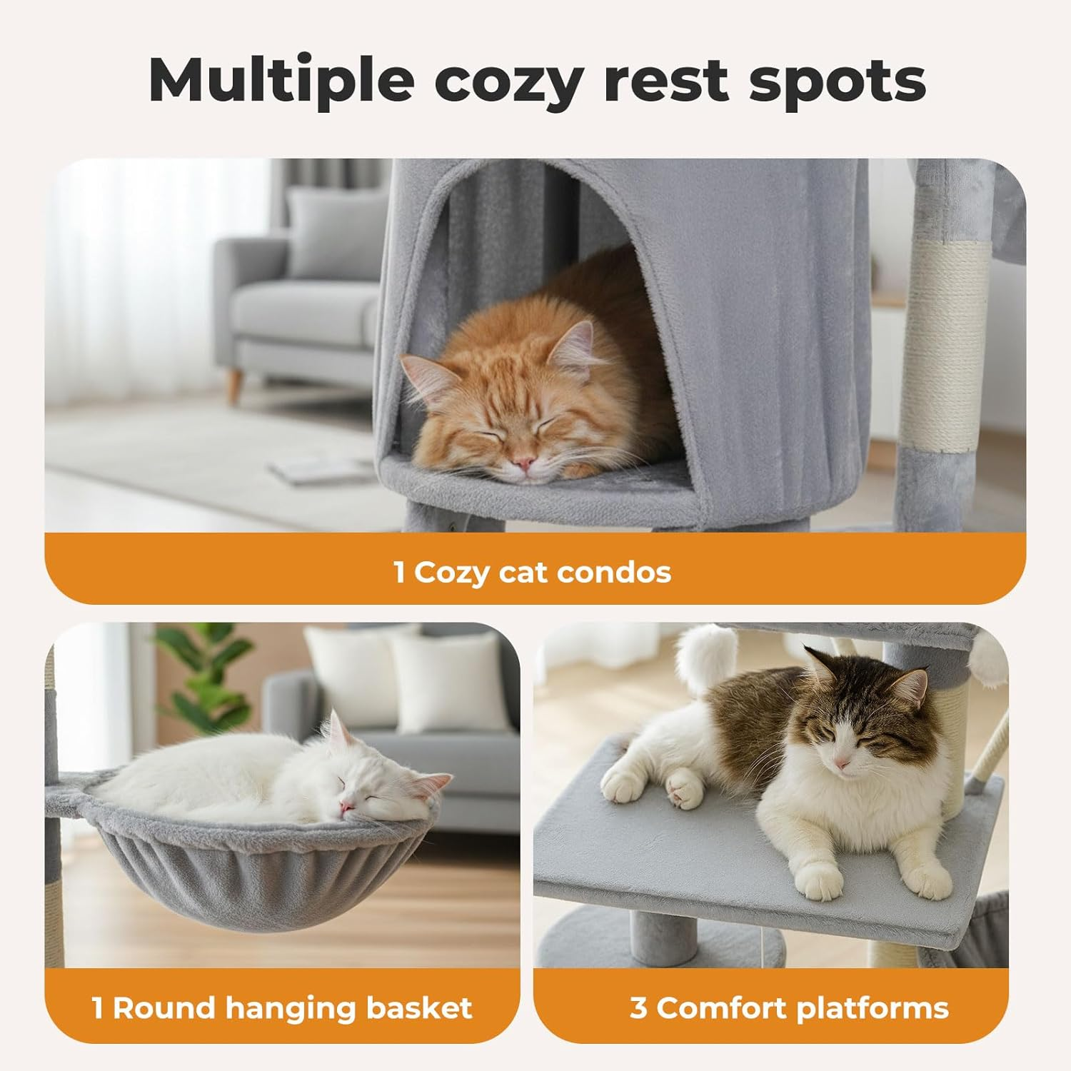 Pawz Cat Tree, 143Cm Cat Scratching Post and Pads, Multi-Level Play Tower, Cat Condo with Padded Plush, Cat Tower with Hammock for Large Cats, Cat Activity Center, Home Pet Furniture Grey image number 5