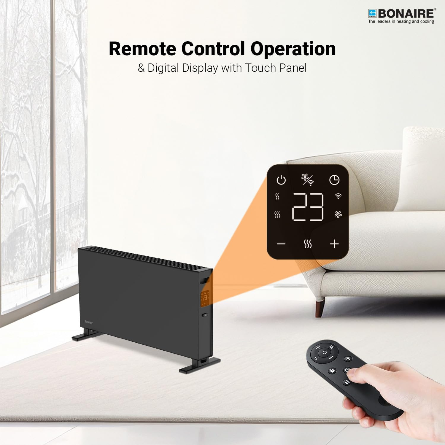 Bonaire Portable Electric Convection Heater 2400W for Home Bedroom Indoor Office with Smart Wi Fi Touchscreen Display, Antifrost Function, Slim Design Freestanding Space Heater, Black image number 2