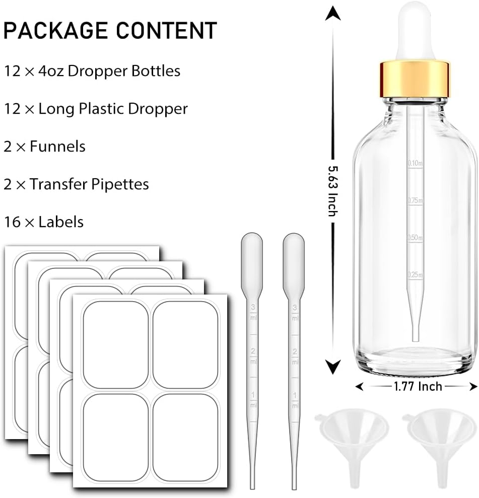 Bumobum Dropper Bottles 4Oz, 12 Pack Clear Glass Eye Dropper Bottle for Essential Oils with Labels and Funnels, Tincture Bottles with Golden Top (Unbreakable Plastic Dropper with Measurements) - Clear image number 6