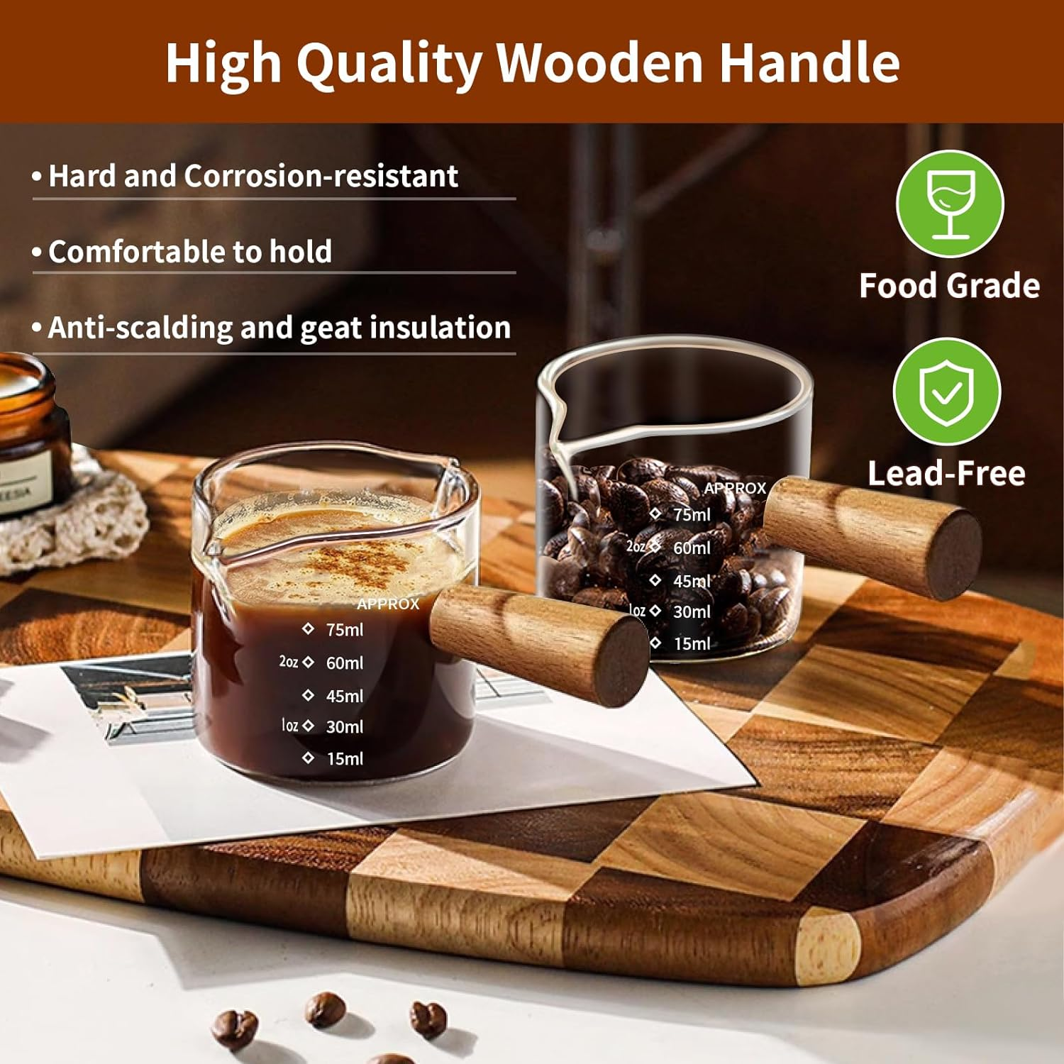 YARRAMATE Espresso Shot Cup with Wood Handle, Clear Glass Accessories, Measuring Cup with Dual Scale, Single Spout Shot Glass, 3.4Oz/100 ML image number 5