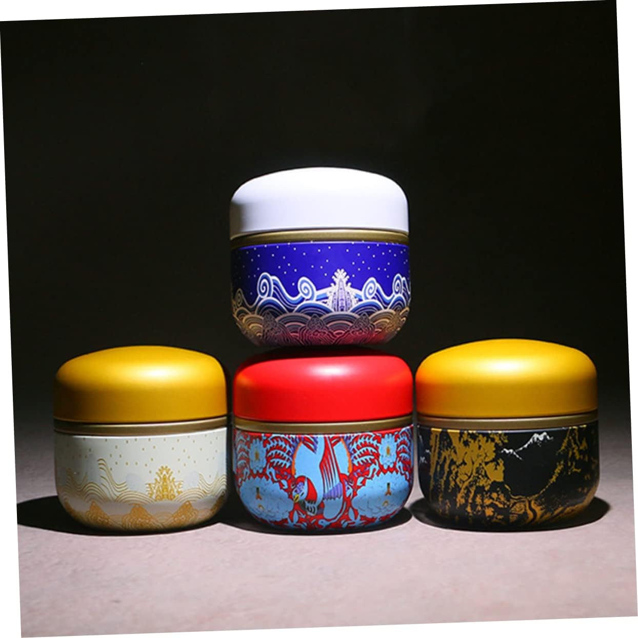 GOOHOCHY 4Pcs Metal Mini Sealed Tinplate Tea Can round Tea Storage Jar Airtight Sealed Container for Smell Jar for Home and Office image number 1