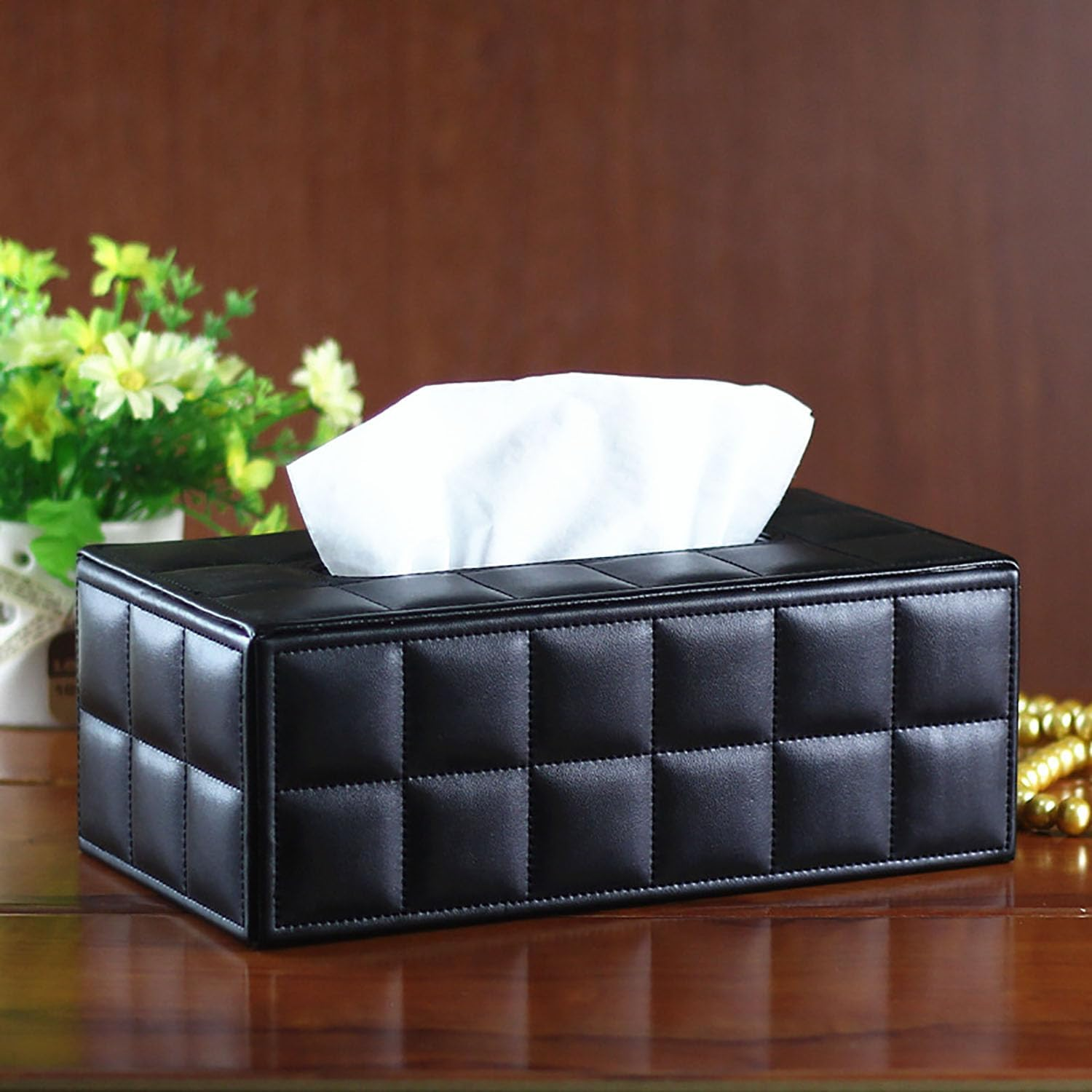 PU Leather Tissue Box Cover, Rectangle Black Tissue Box Holder for Home Decor, Office Desk & Bathroom, Fits Standard Tissue Boxes(Black)