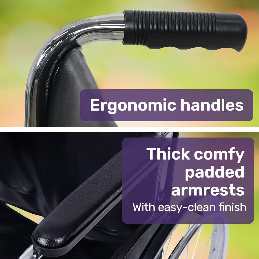 "Equipmed Folding Manual Wheelchair Self Propelled, 24"" Rear Wheels, Chrome Steel Frame, 46Cm Wide Seat, 100Kg Capacity, Park Brakes" image number 1