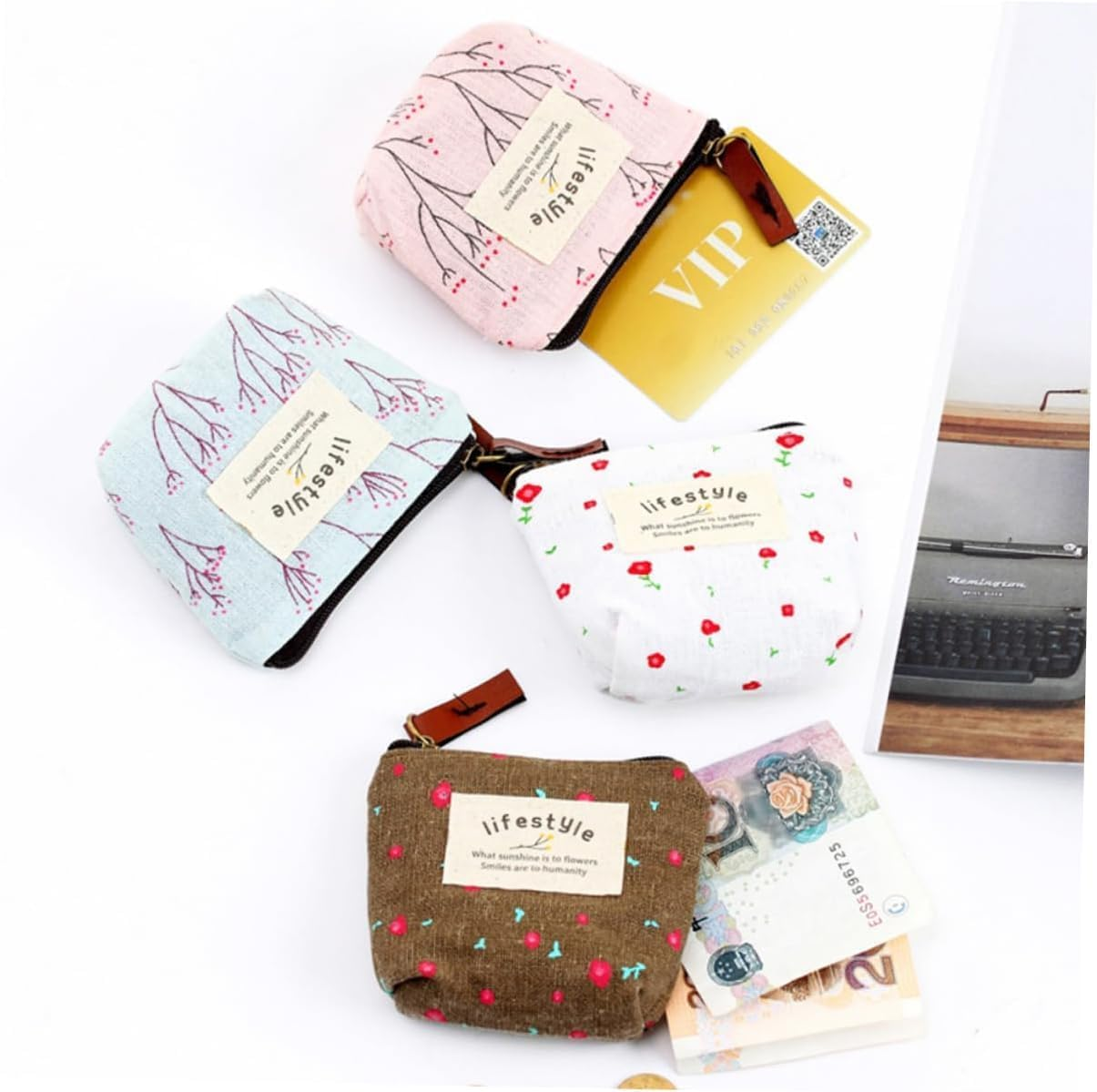 4 Pack Mini Linen Floral Small Makeup Bag, Mini Makeup Bag with Zip, M-Ini Canvas Coin Purse, Portable Toiletry Organizer, Wallet for Storing Coin, Credit Card, ID Card image number 3