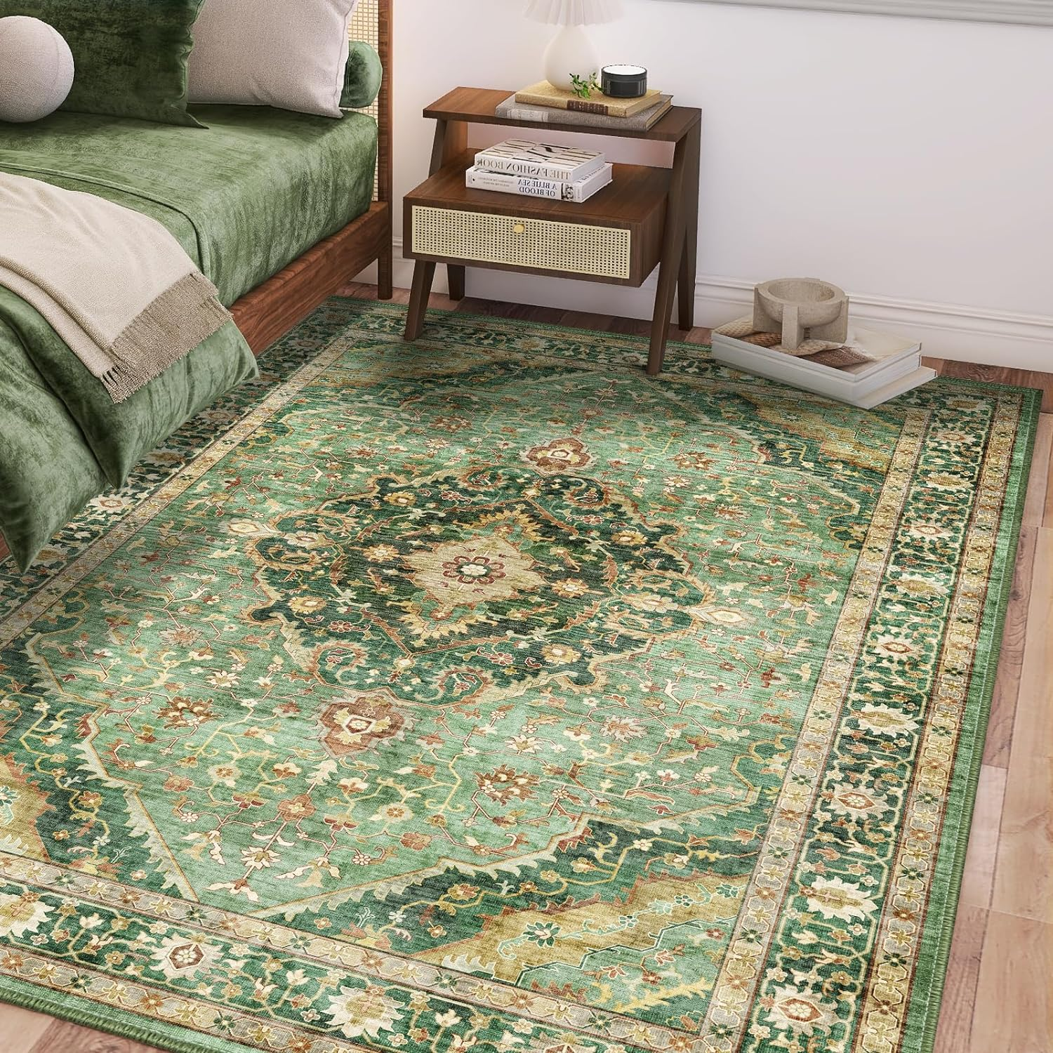 Deerly Area Rugs for Living Room Boho Vintage Machine Washable Carpet Non-Slip Distressed Print Floor Area Rug for Bedroom, Livingroom, Entance, Laundry, Dormitory, Apartment (Darkgreen, 120X160CM) image number 6