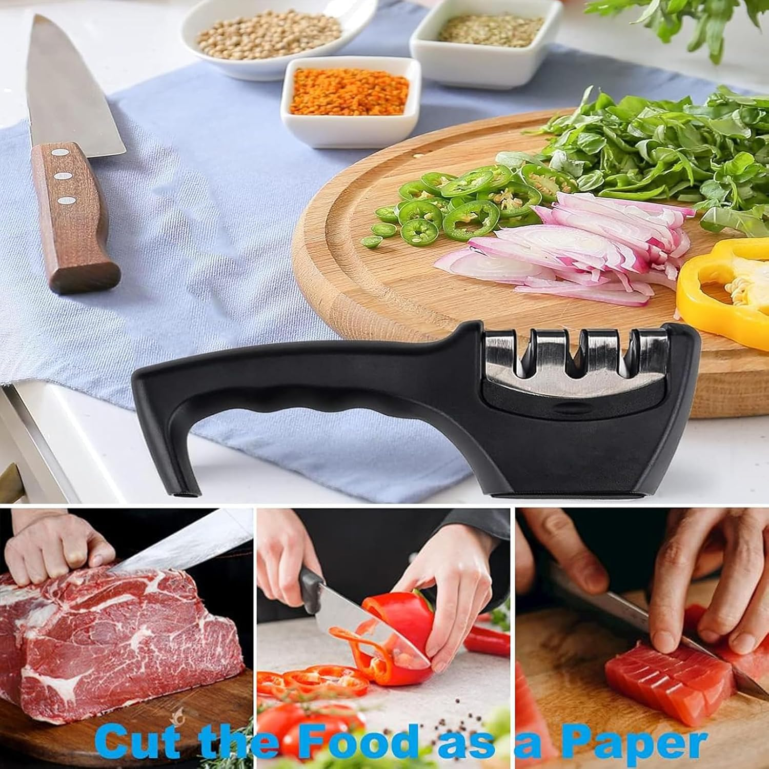 SLLINQKX Kitchen Knife Sharpener - Professional 3 Stage Manual Sharpeners - Ergonomic Handle and Non-Slip Base - Safe Sharpening Tool - Easily Honing Knives in a Breeze, Black. image number 5