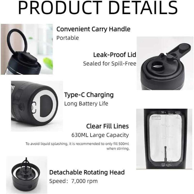 Detachable Base Electric Shaker Bottle 630Ml, USB-C Rechargeable Tritan Protein Mixer Cup, Bpa-Free Leakproof Blender for Shakes (Black) image number 5