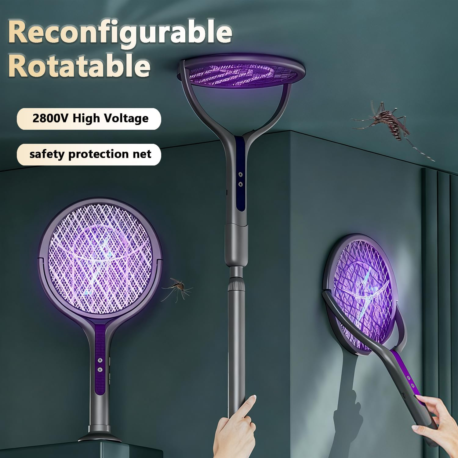 USB-C Rechargeable Insect Zapper Racket with Rotating Head & Telescopic Handle - for Indoors, Outdoors, Home, Office, and Camping image number 1