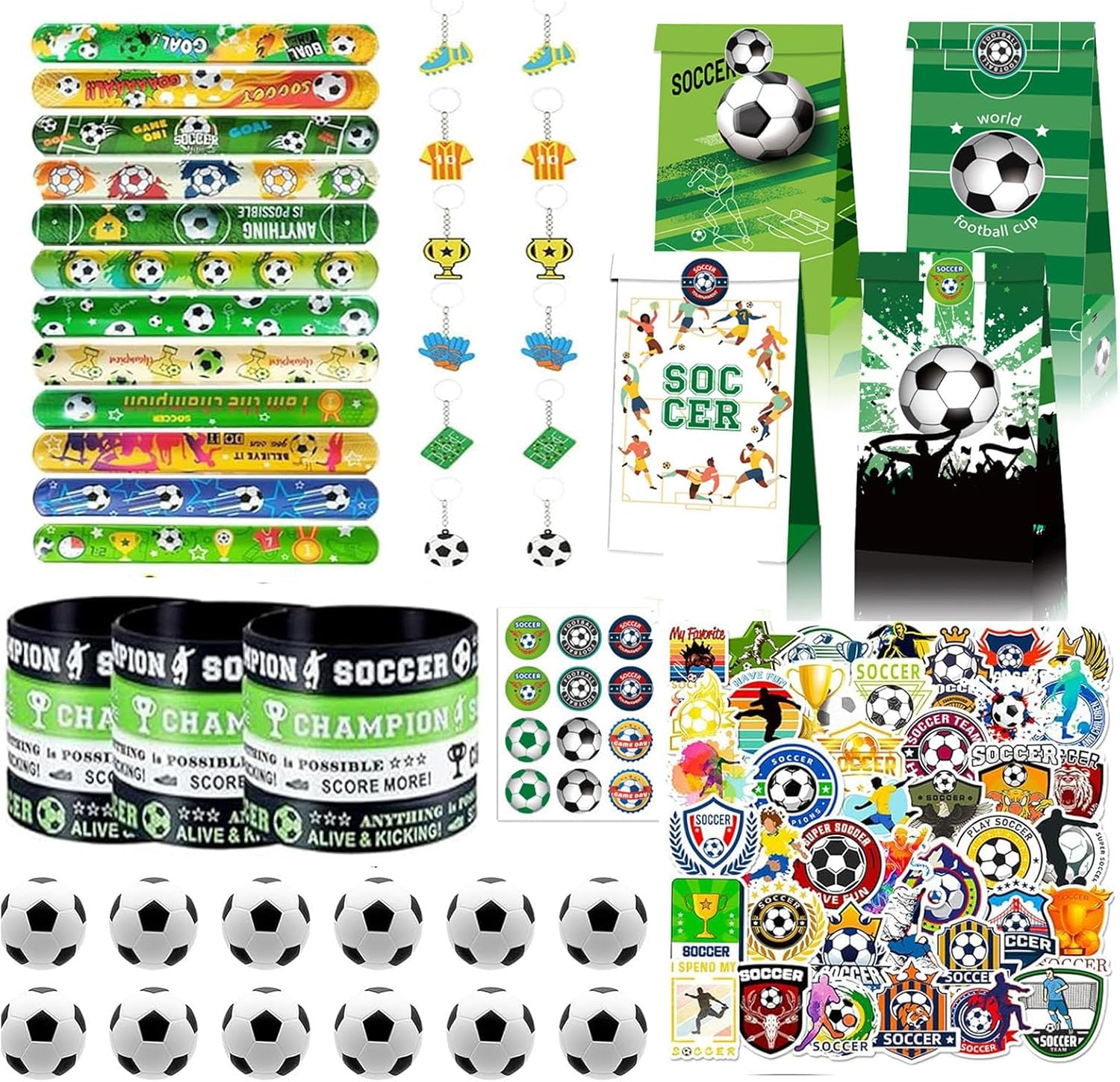 110Pcs Soccer Party Favors Bags Soccer Goodie Bag with Mini Ball, Wristband, Slap Bracelets, Keychains, Stickers for Soccer Party Supplies