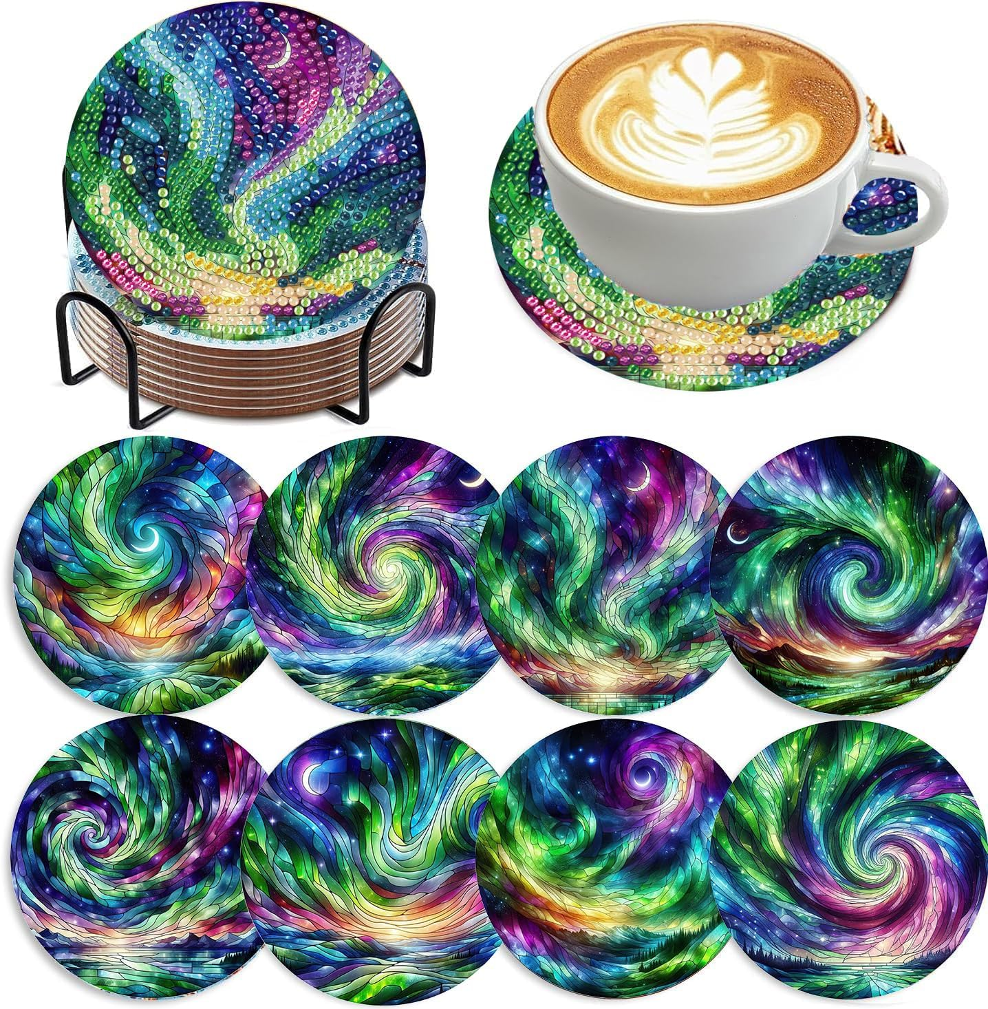 8 Pcs Diamond Art Coasters Moon Diamond Painting Coasters Kits with Holder Cork Pads DIY Moon Diamonds Art Painting Coaster Set for Adults Beginners Crafts Supplies