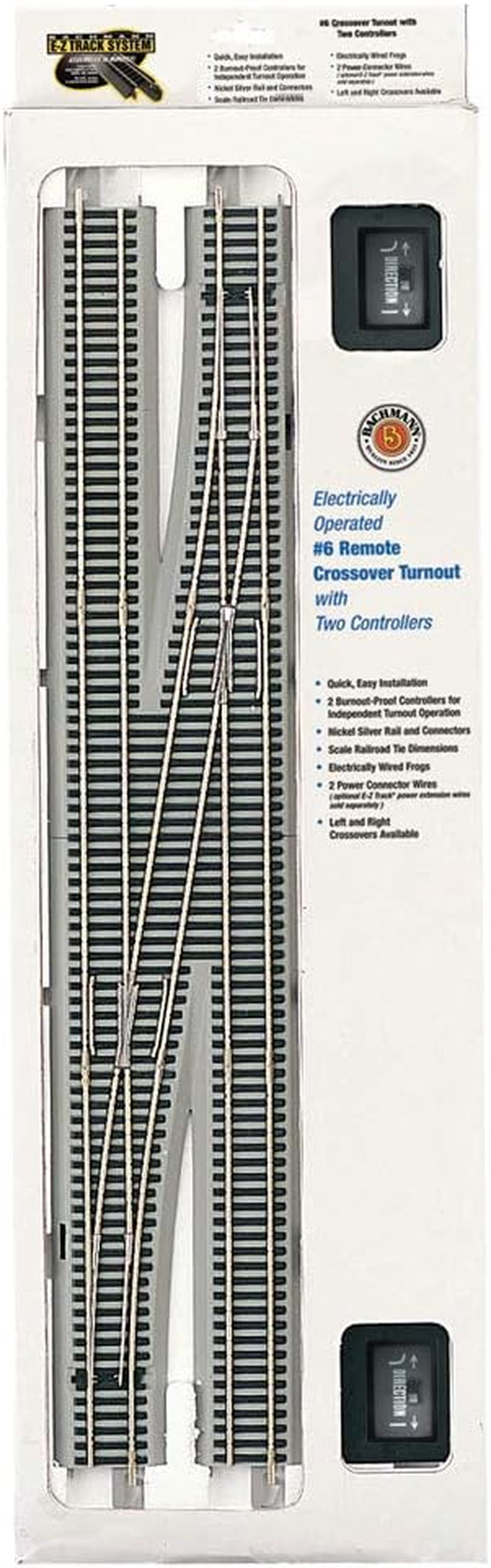 Bachmann Trains - Snap-Fit E-Z Track #6 Remote Crossover Turnout - Right (1/Box) - Nickel Silver Rail with Gray Roadbed - HO Scale