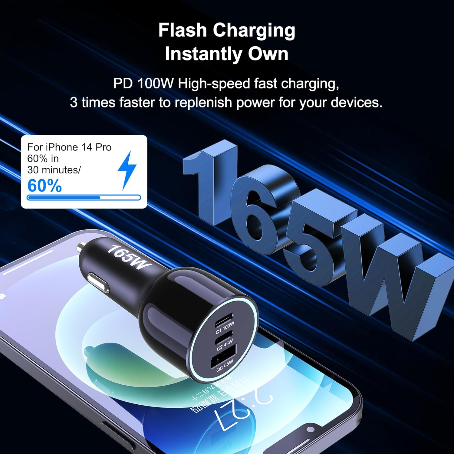 165W USB C Car Charger, 3-Ports PD 100W PPS 45W QC65W Super Fast Charging for Macbook Pro Air Iphone 16 15 Pro Max Ipad Samsung Galaxy S24/23 and More image number 4