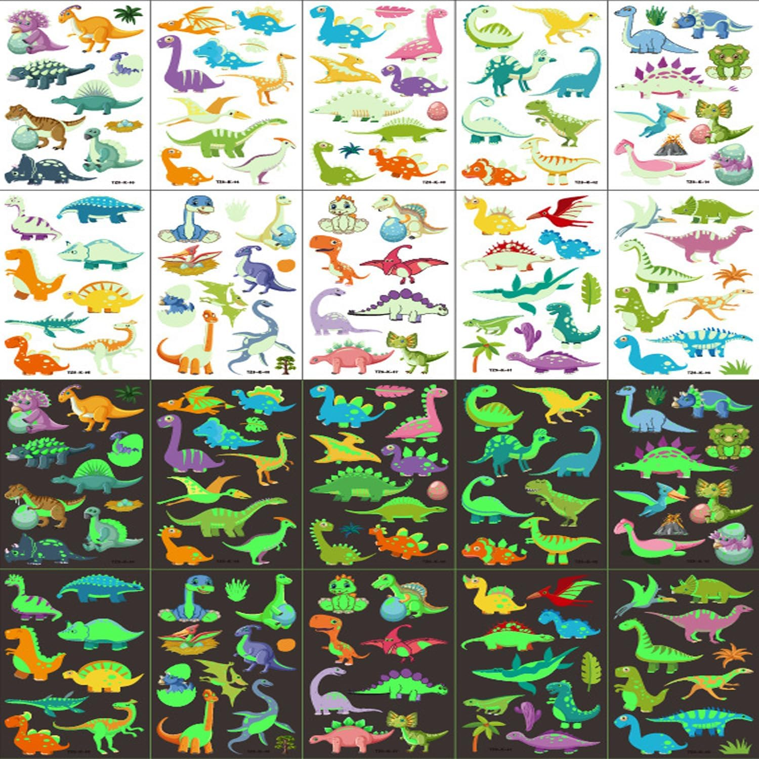 Dinosaur Temporary Tattoos for Birthday, 10Pcs Dino Cartoon Glow in the Dark Tattoos, Waterproof Fake Tattoos Body Face Stickers Decorations, Birthday Party Favor Supplies Gifts Dino