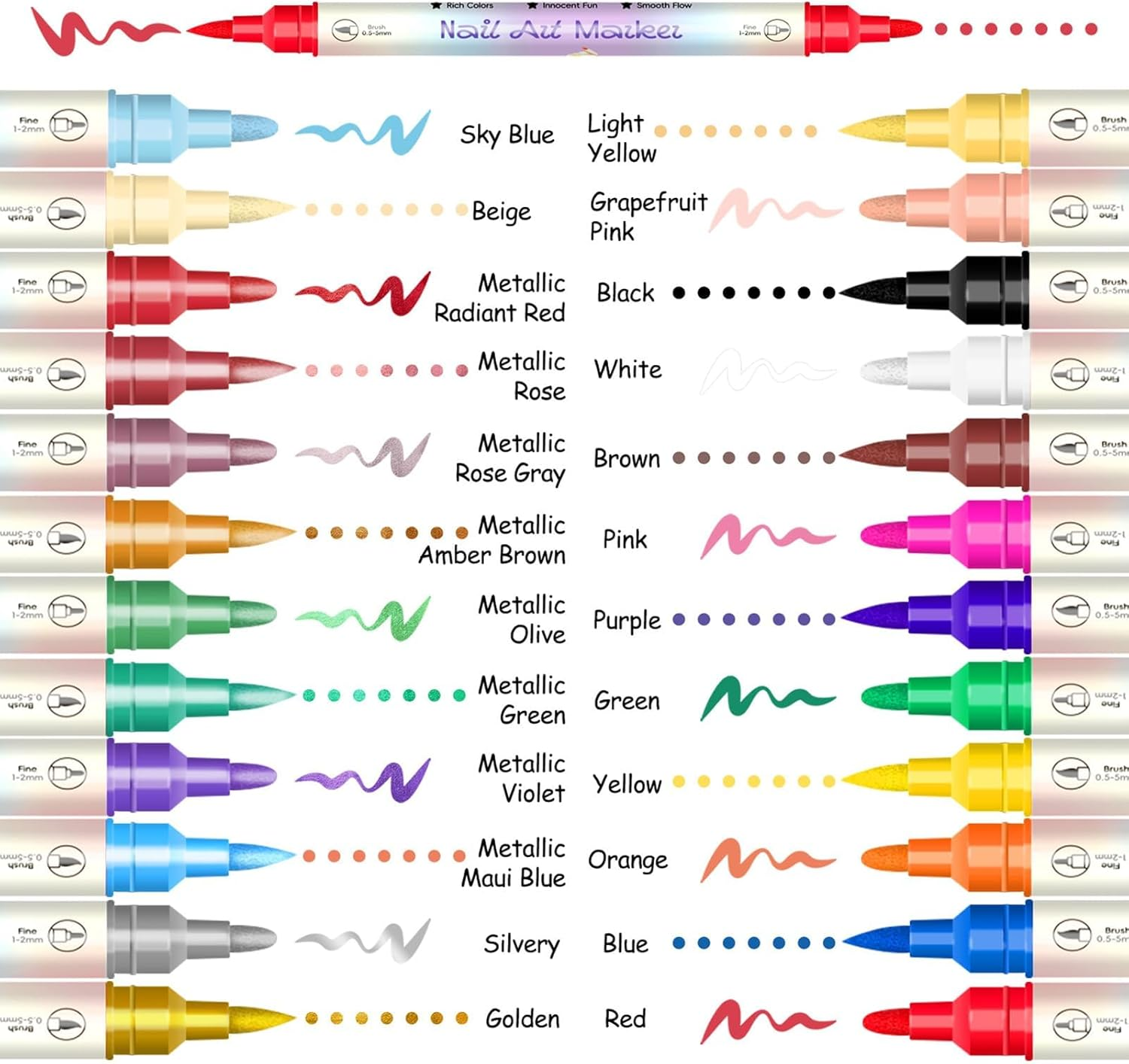 12 Colours Dual-Tip Nail Art Pens, No Shake Required Acrylic Paint Markers. 0.5Mm-5Mm Fine & Brush Tips for 3D DIY Manicure. Quick Dry, Waterproof Design Tools for Women & Beginners (No Clogging) image number 6