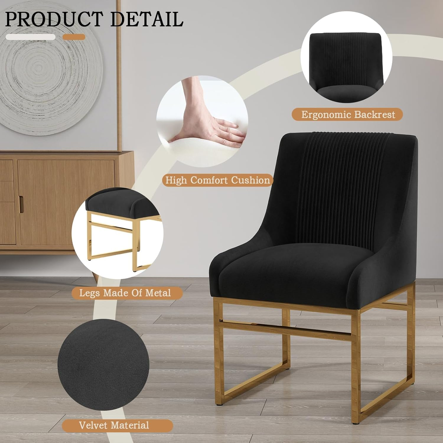 Kitchen & Dining Room Chairs Set of 2, Mid Century Modern Velvet Upholstered Dining Chairs with Gold Metal Frame Legs, Tufted Accent Chair for Reception Room Living Room Study Room(Black)