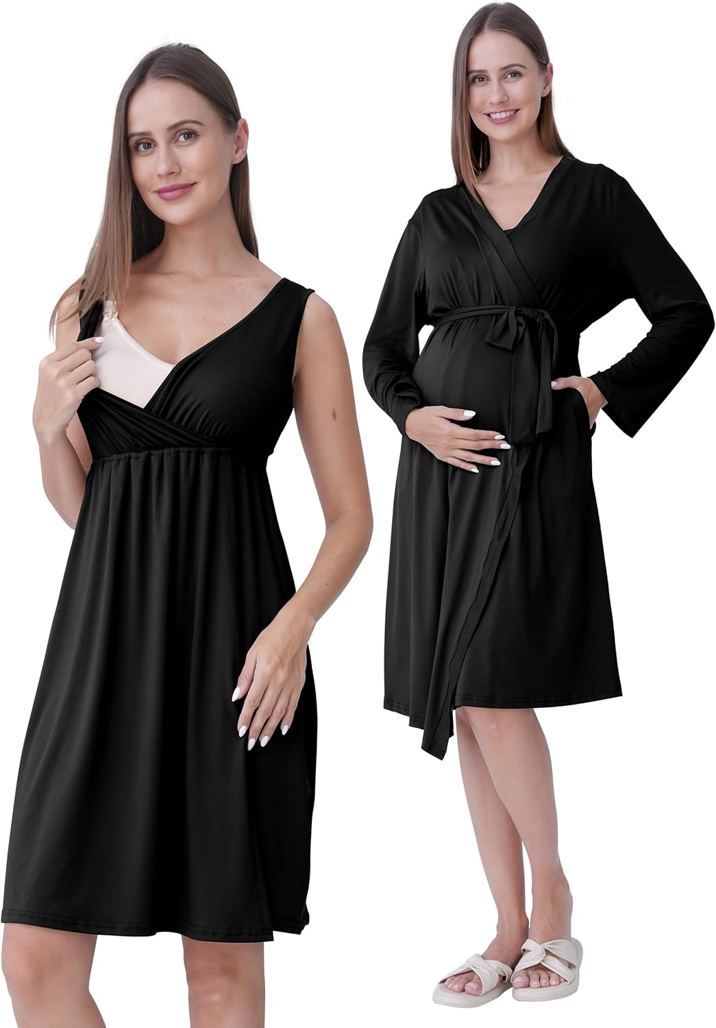 SUNNYBUY Maternity and Nursing Nightdress with Dressing Gown 2-Piece 3-In-1 Pregnancy Night Dress Set for Birth, Postpartum and Breastfeeding, Hospital Sleepwear