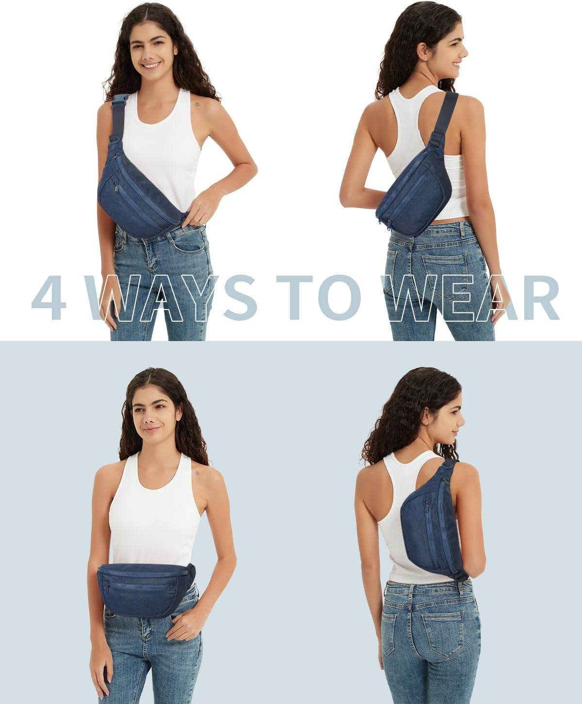 Fanny Pack for Women Men,Waist Bag Pack with Extra Extension Belt, Water Resistant Fashion Crossbody Belt Bags for Travel Walking Running Hiking, Pink Patent Pending, Navy Blue