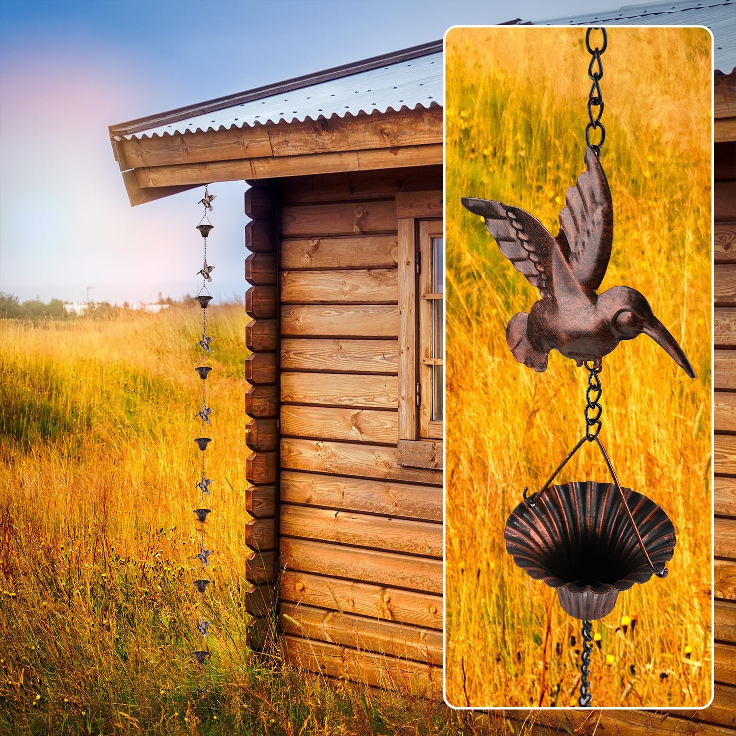 Bird Rain Catcher Chain, 8.53Ft Metal Hummingbird Rain Chain Bell, outside Decorative Downspout Chain Rainwater, Cup Wind Chime Outdoor Gutter Rainchain Decor for Terraces, Villas, Courtyards image number 2