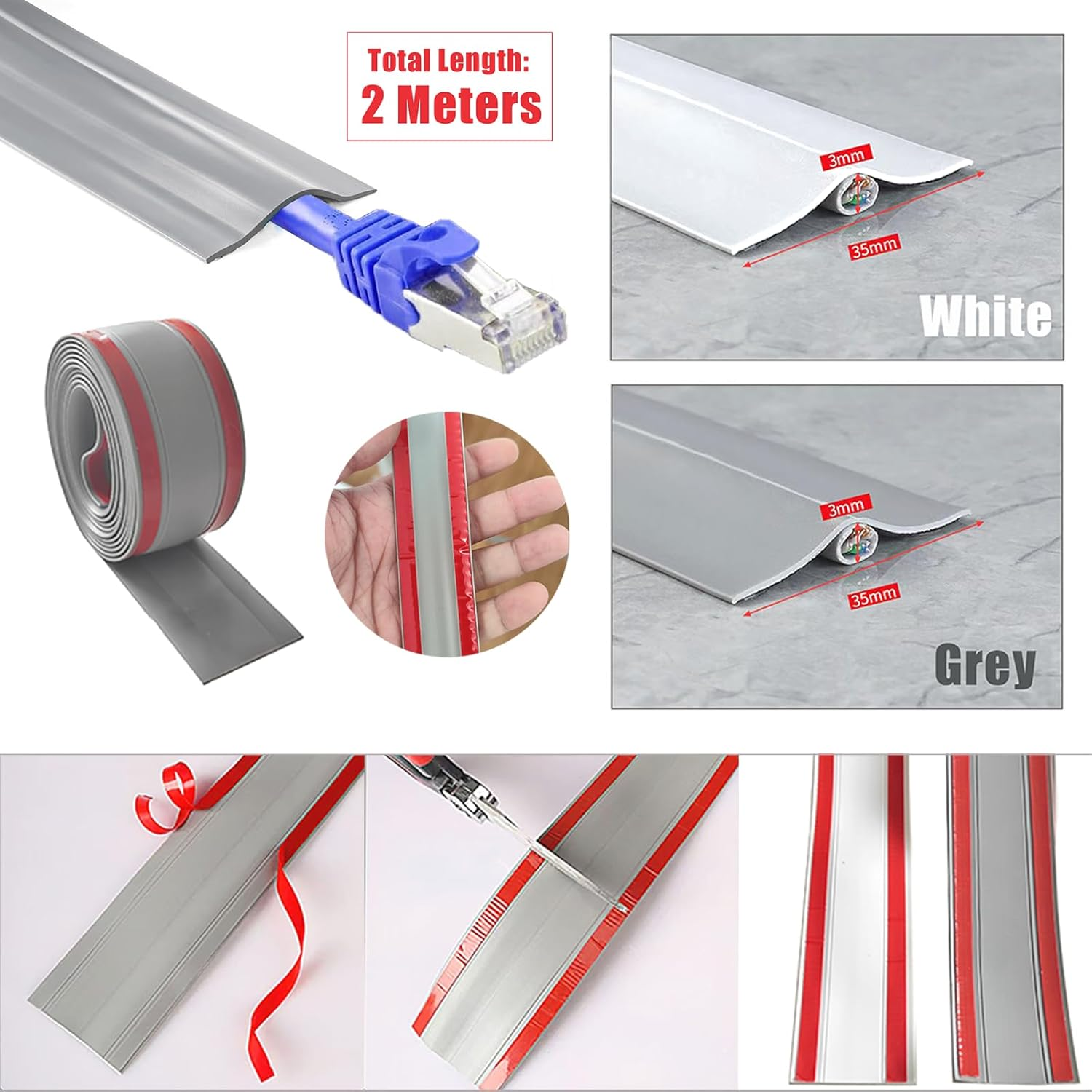 Flexible Cord Hider Cable Management Cord Covers for Wires on Wall Floor(Grey) - White2M-38Mm image number 5