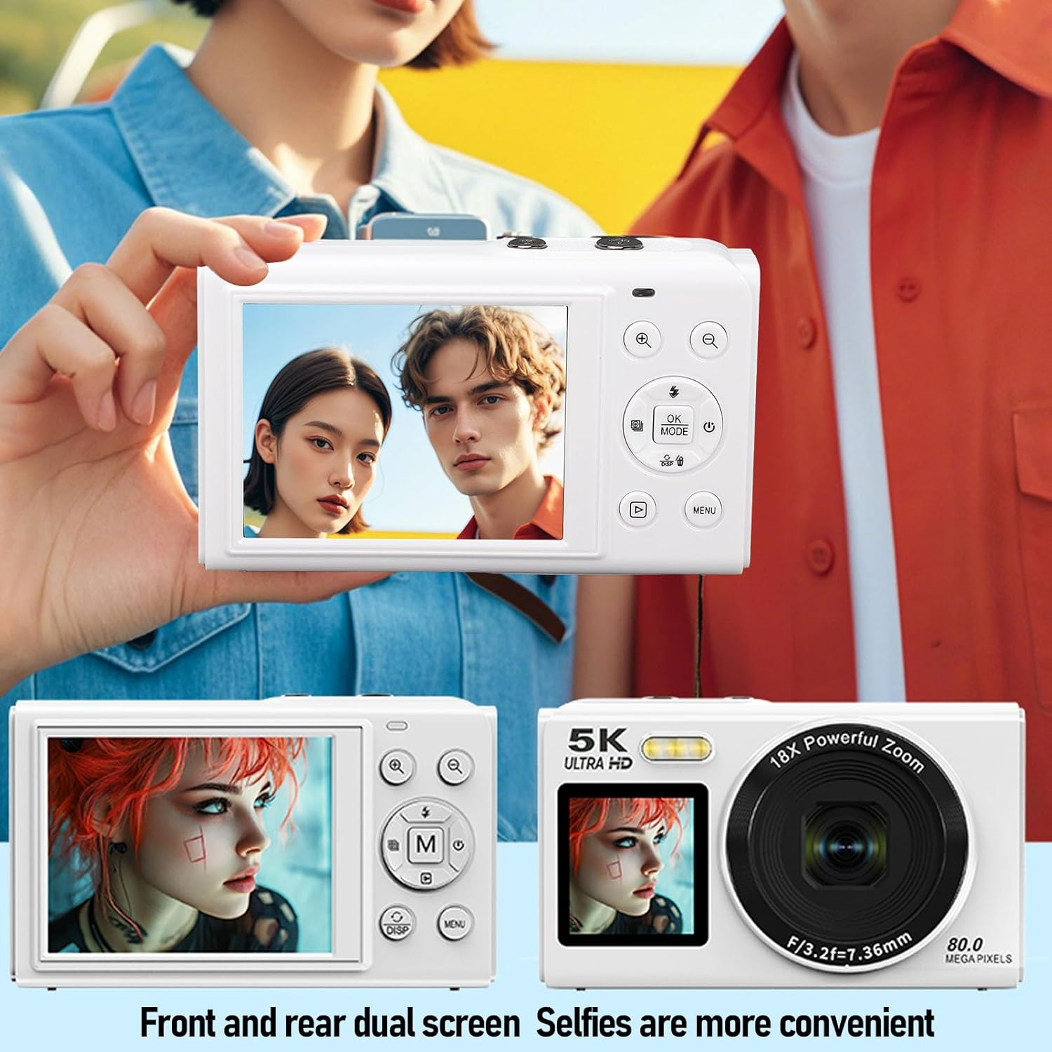 5K Digital Camera with 80MP Dual Screen, 18X Zoom, Wifi, Auto Focus, Built-In Flash, 2.8In & 1.5In Display, Vlogging Camera for Teens, Travel, Streaming, Photography (White) - Black image number 7