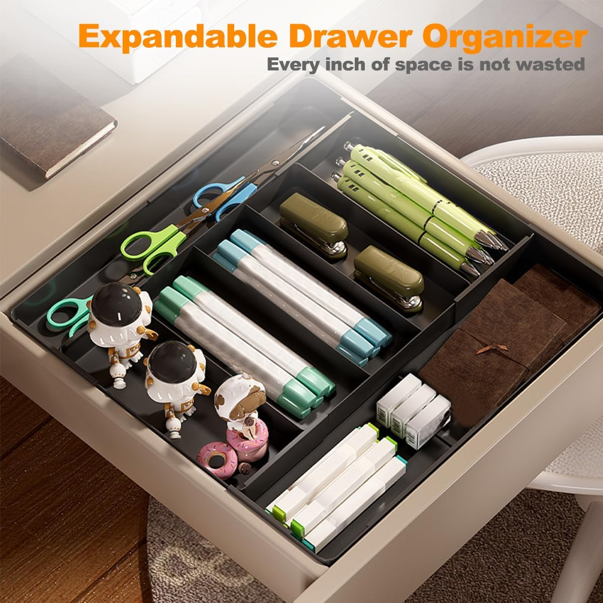 Cutlery Drawer Organiser, Kitchen Drawer Organiser, 4-Sided Telescopic Expandable Cutlery Organiser for Silverware,Cutlery, Accessories or Gadgets,Black image number 4