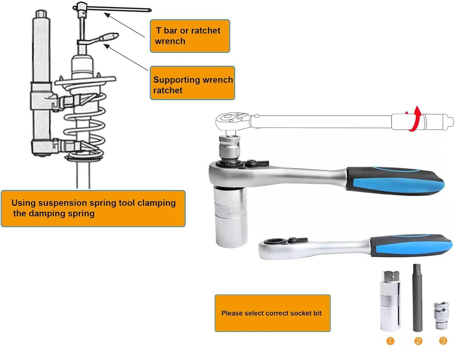 43PCS Suspension Shock Absorber Strut Nut Removal Tool Socket Set, 1/2 Inch Steering Hub Shock Absorber Ratchet and Wrench Set, Shock Strut Installation Removal Tool Kit for All Vehicles image number 5