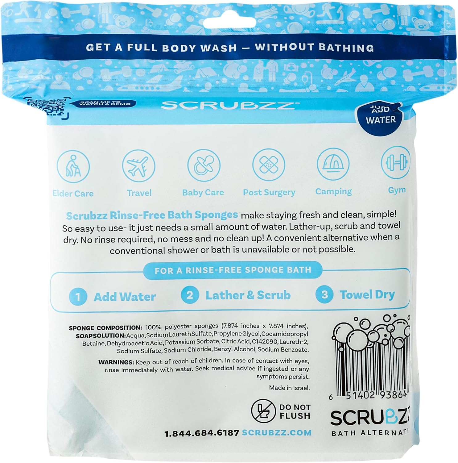 Scrubzz Disposable No Rinse Bathing Wipes - 25 Pack - All-In-1 Single Use Shower Wipes Simply Dampen Lather and Dry without Shampoo or Rinsing