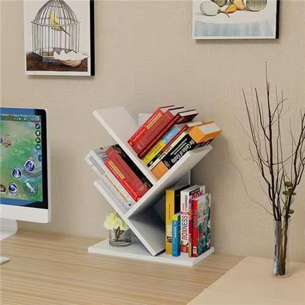 Hbluefat Book Tree Bookshelf, 3-Tier Wood Tree Small Bookcase for Desk Displaying Books, Cds, Magazines and More at Office, Home and School (White) image number 3