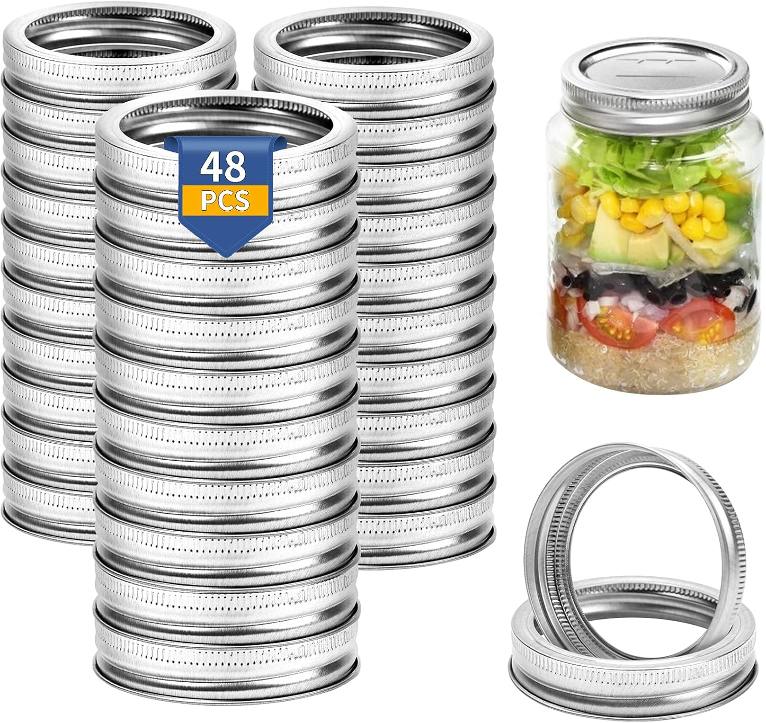 48 Pieces Regular Mouth Canning Jar Rings - Mason Jar Replacement Metal Screw Bands, Split-Type Seals, Rust Proof Leak Proof for Canning