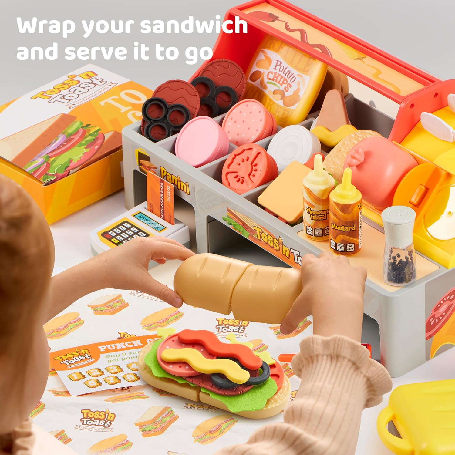 Pretend Play Food Toy for Kids Toddlers, Play Kitchen Accessories Include Sandwich Maker Toy with Slicer for Ham, Menu and Ingredients, Play Restaurant Food Toy for Girls Birthday Gift